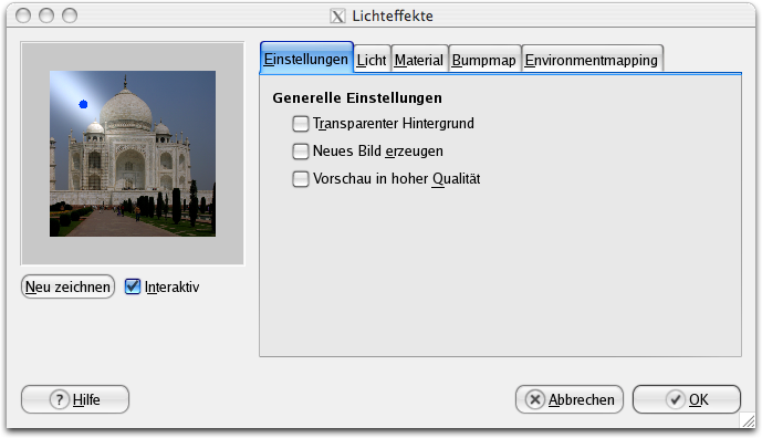 Eigenschaften (Einstellungen) für das Filter Lichteffekte